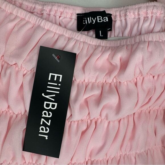 Eilly Bazar Baby Pink Shirred Flounce Sleeve Ruffle Hem Chiffon Dress - Picture 10 of 10